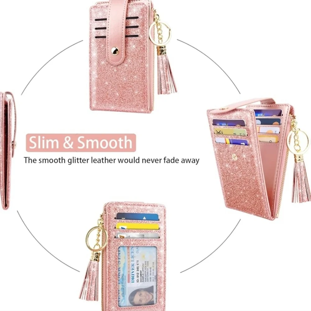 Glitter Pink Card Holder with Tassel Keychain